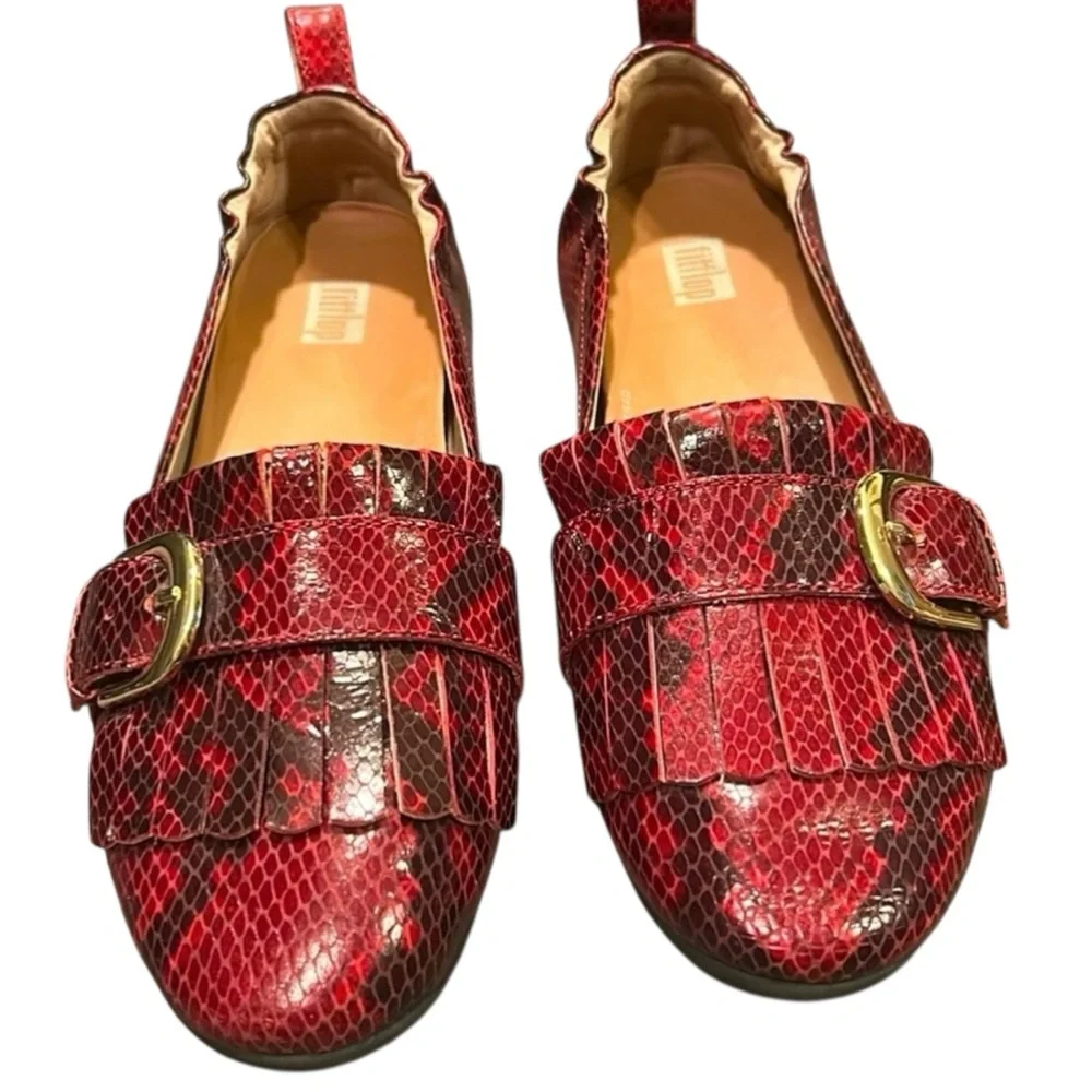 Fitflop Allegro Fringed Buckled Leather Loafer Snakeskin Embossed Red Size 6